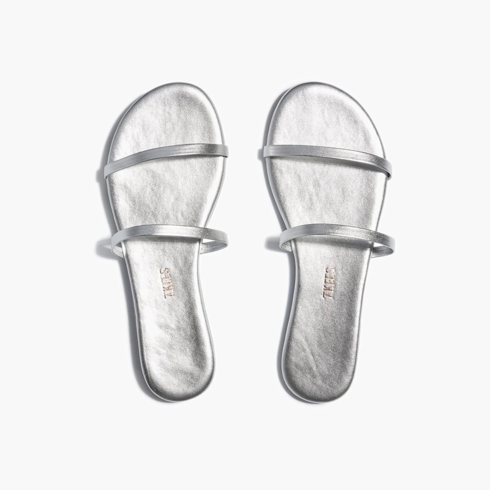 TKEES Metallic Silver Double-Strap Slide Sandals